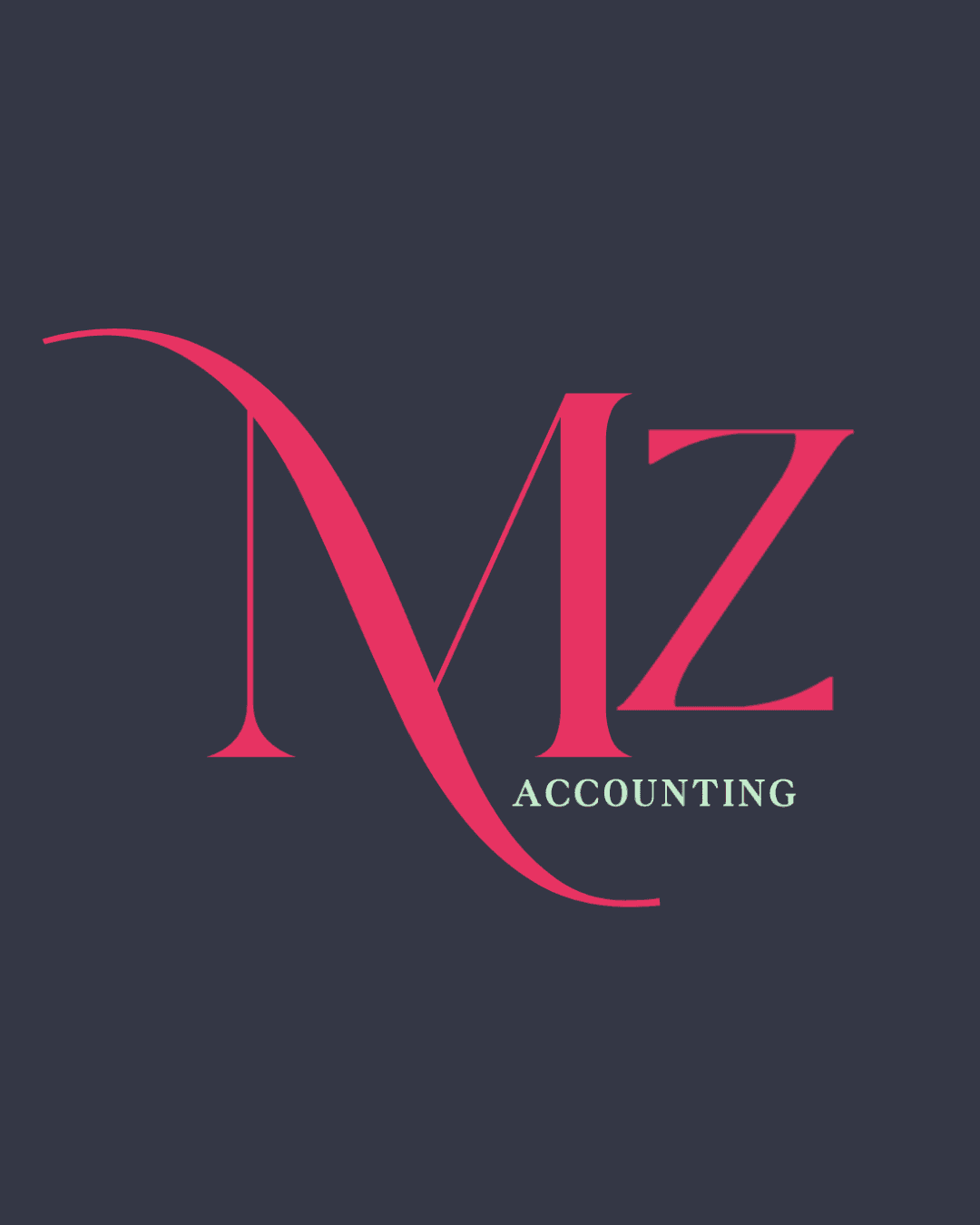 Pink stylized MZ logo with a long flourish above the word ACCOUNTING on dark gray.
