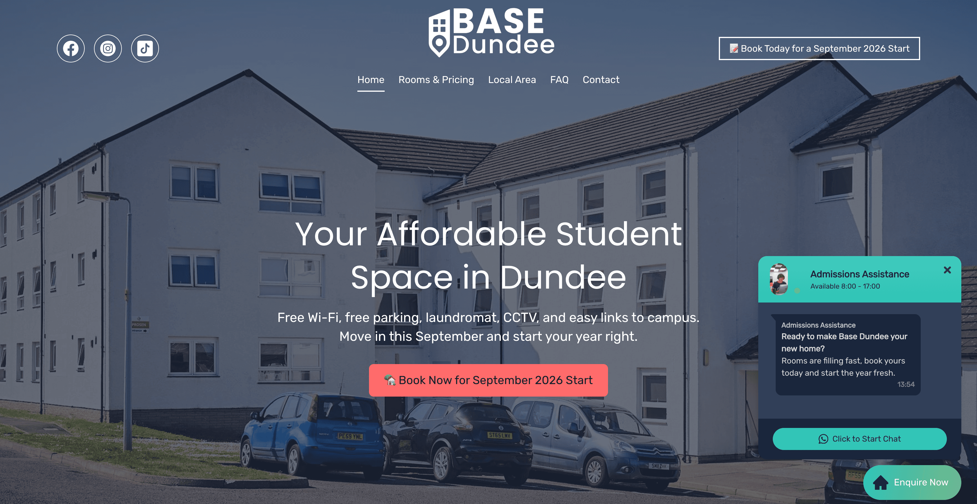 Base Dundee website homepage featuring a white student apartment building with cars parked in front.
