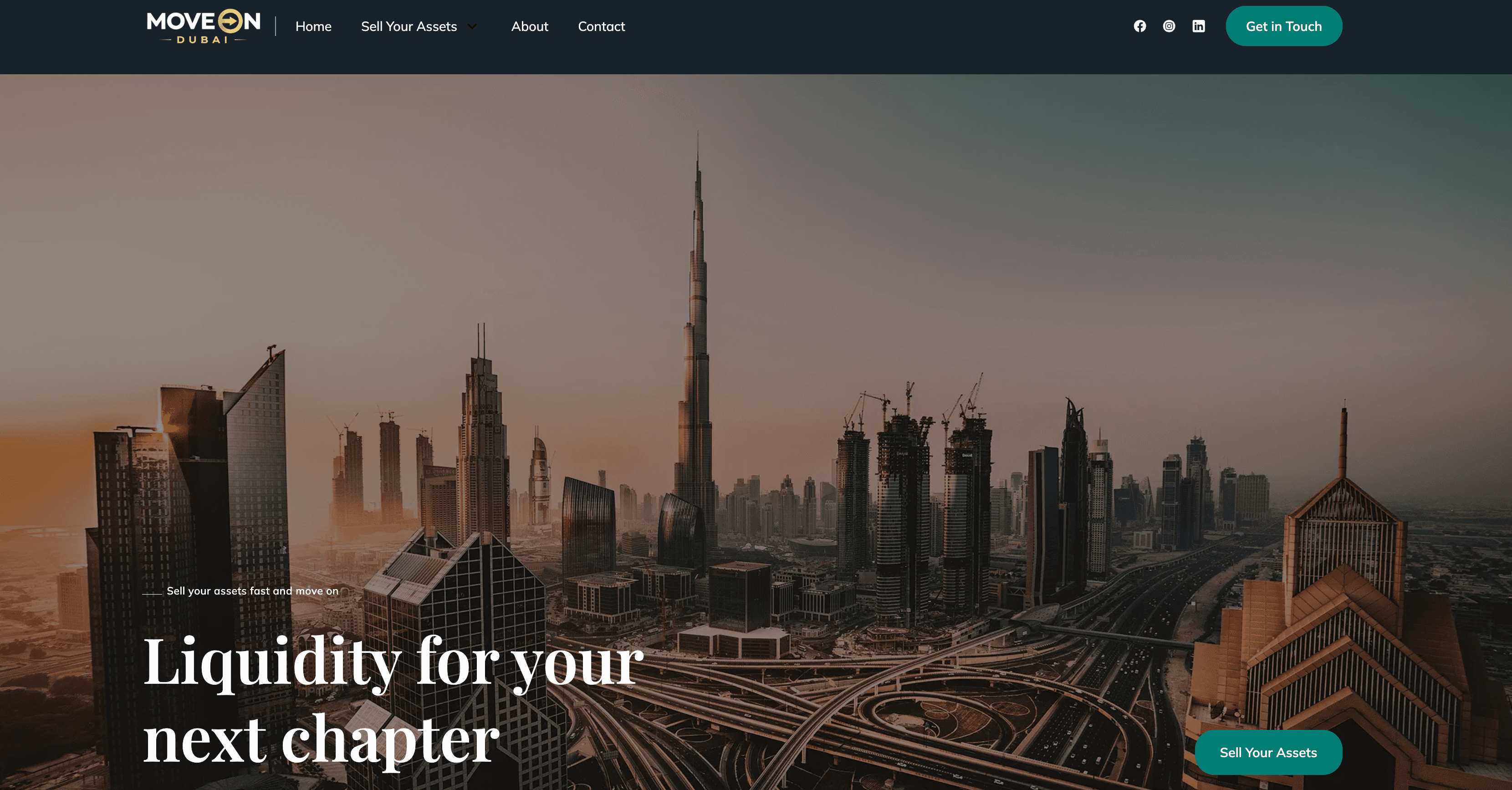 Dubai skyline at sunset with Burj Khalifa and text Liquidity for your next chapter.