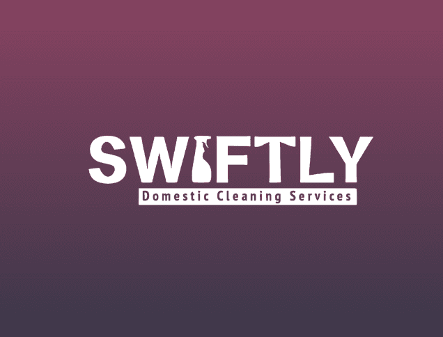 SWIFTLY Domestic Cleaning Services logo featuring a spray bottle silhouette on a purple gradient background.