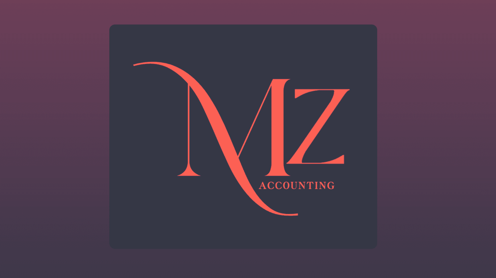 Stylized coral MZ Accounting logo with elegant serif lettering on a dark gray square.